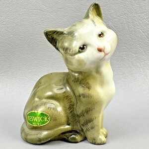 Beswick Sitting Cat Figurine Porcelain Mini Grey Kitty Blue Eyes 3" England Vtg